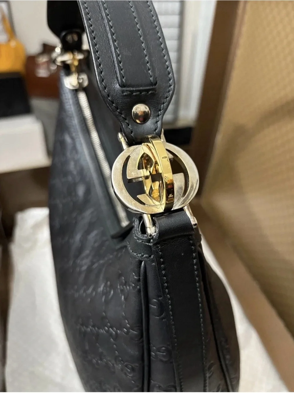 Gucci Guccisima Hobo Bag Black Leather with Silver & Gold hardware. COA Included